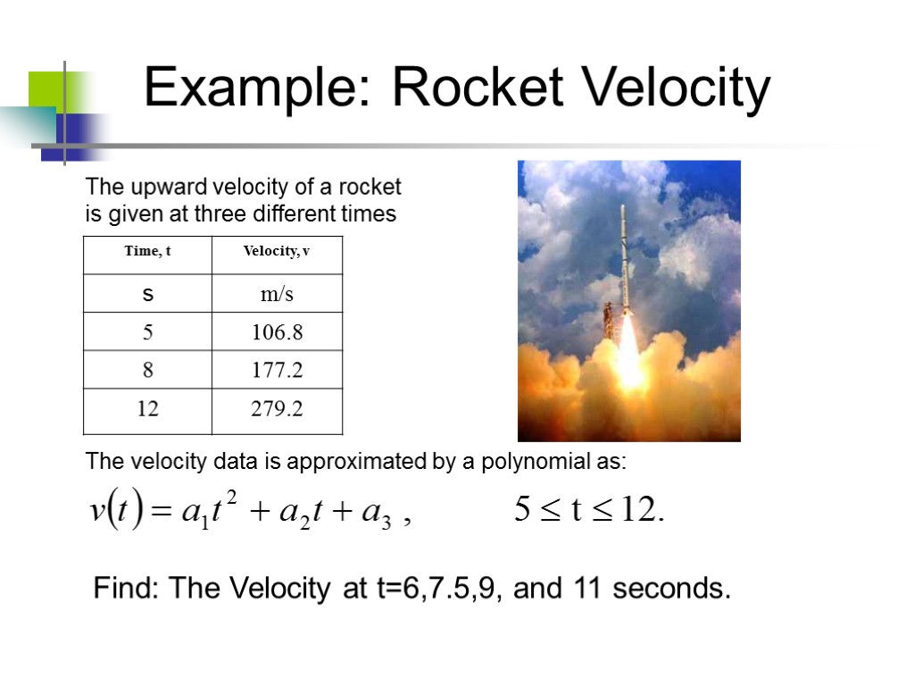 Example: Rocket Velocity The upward velocity of a rocket is given at three different